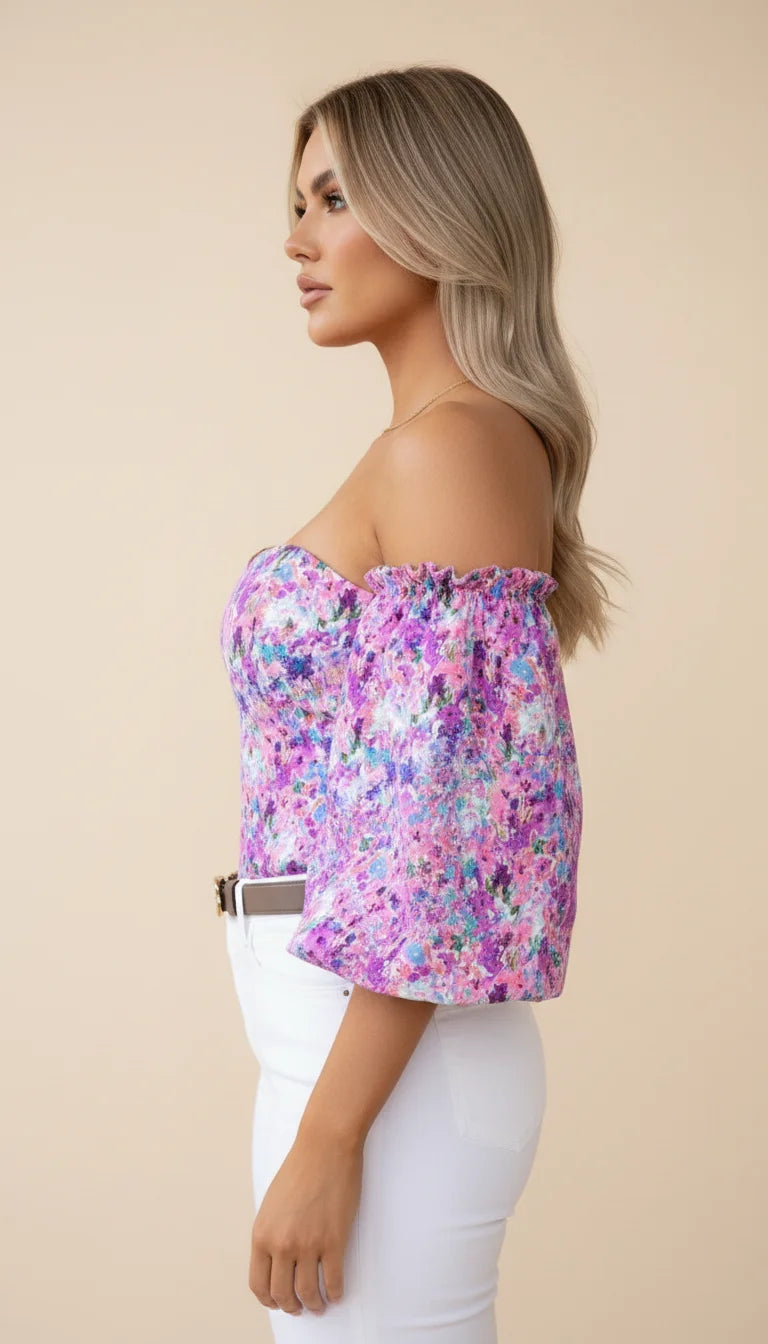 Corset Top Floral Épaules Dénudées - Vue profil