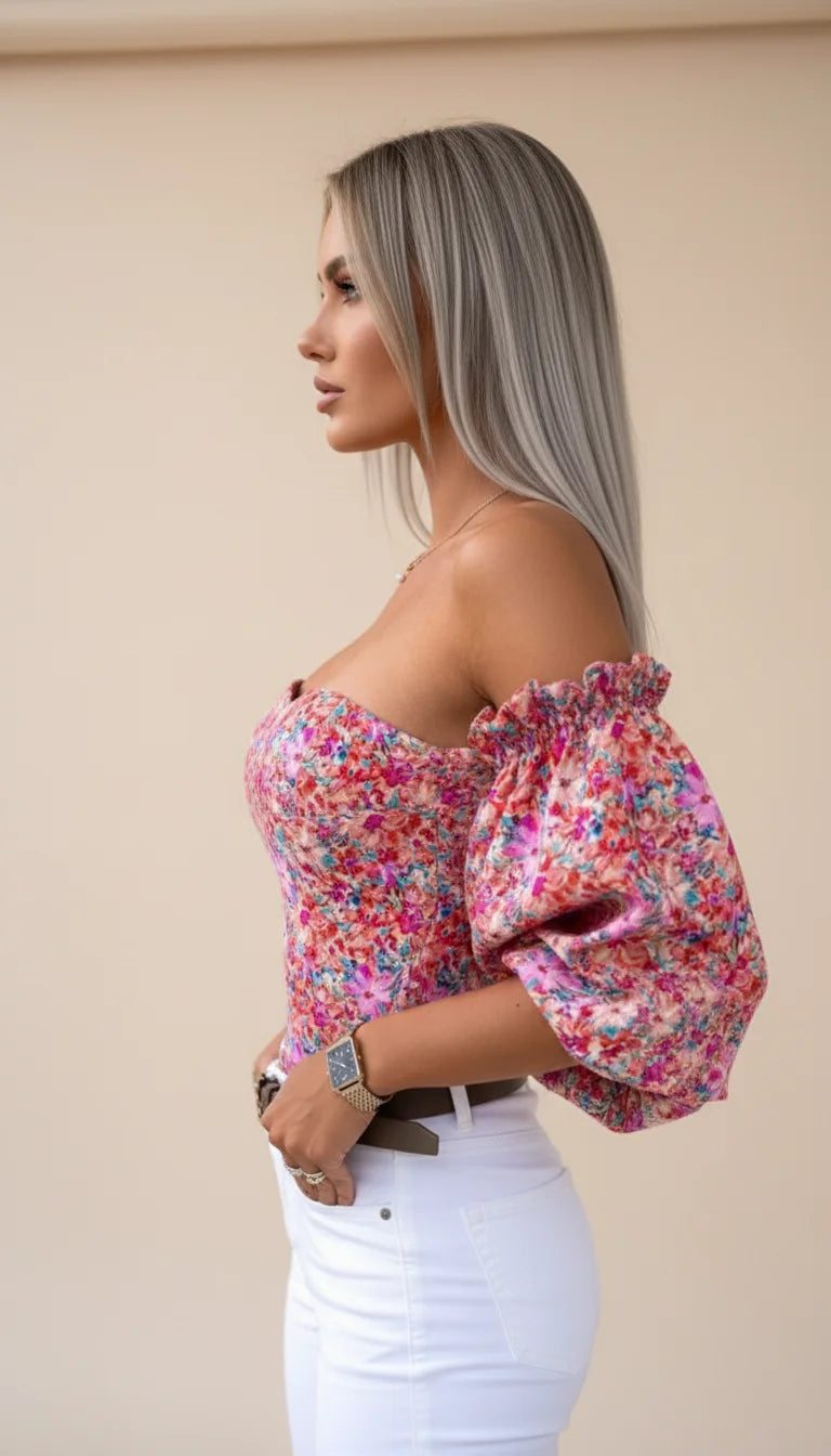 Corset Top Floral Manches Bouffantes - Vue profil