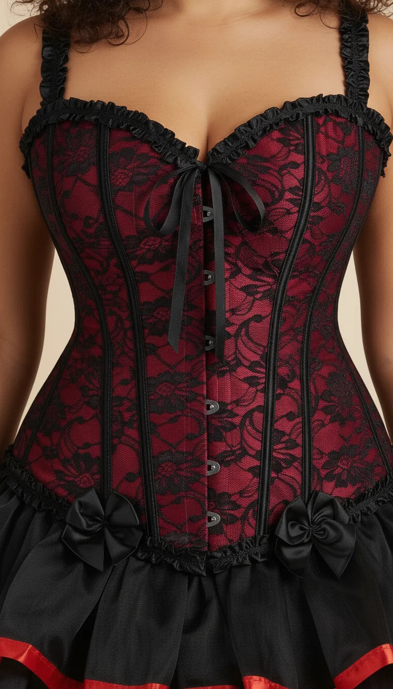 Corset Tutu Dentelle Rouge Noir - Vue face