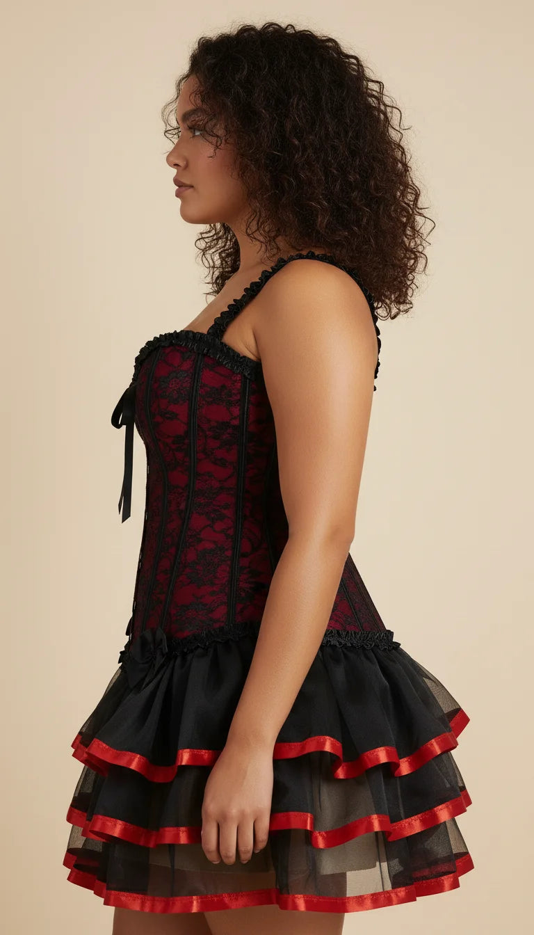 Corset Tutu Dentelle Rouge Noir - Vue profil