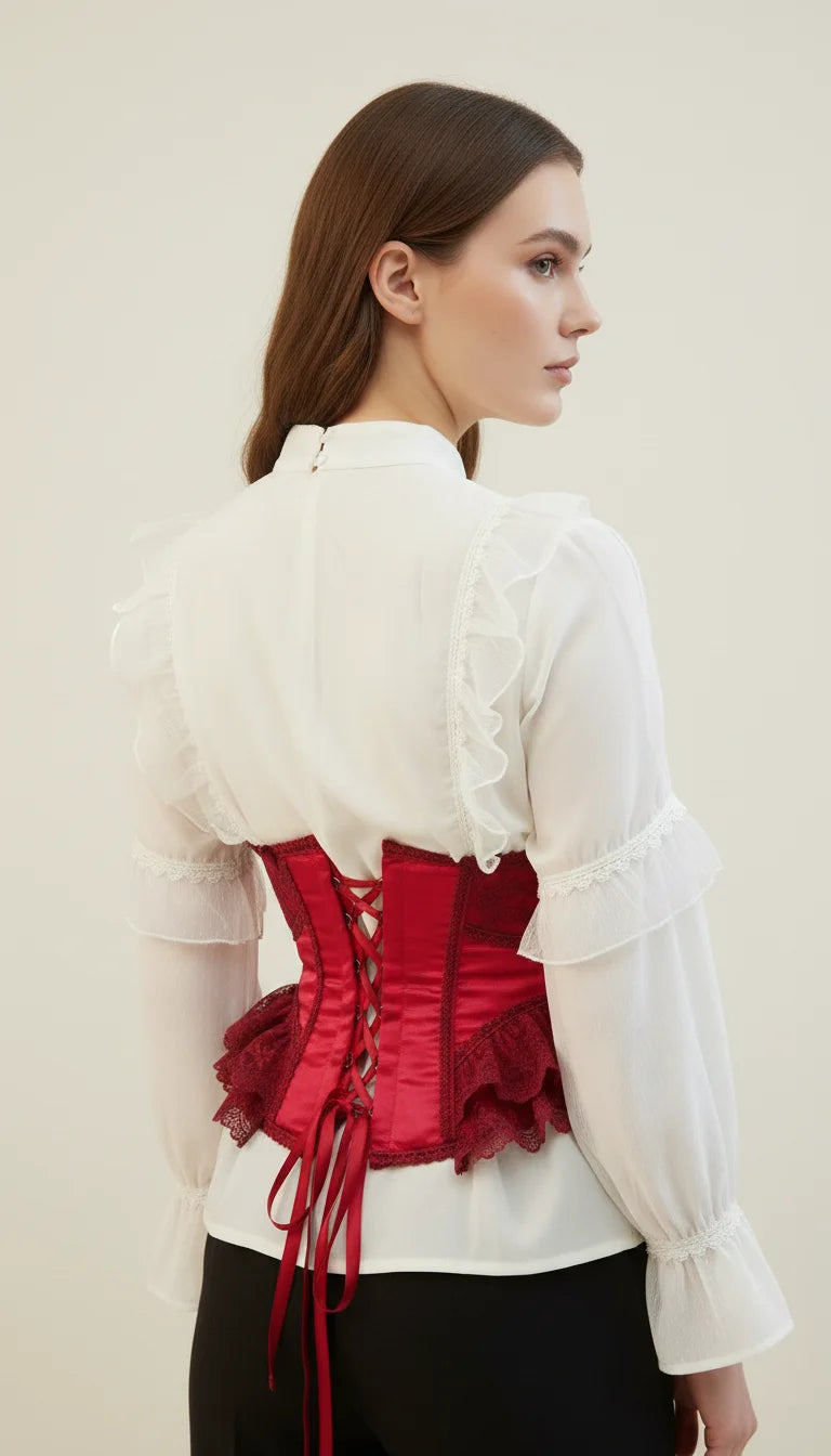 Corset Underbust Satin Rouge Dentelle - Vue dos