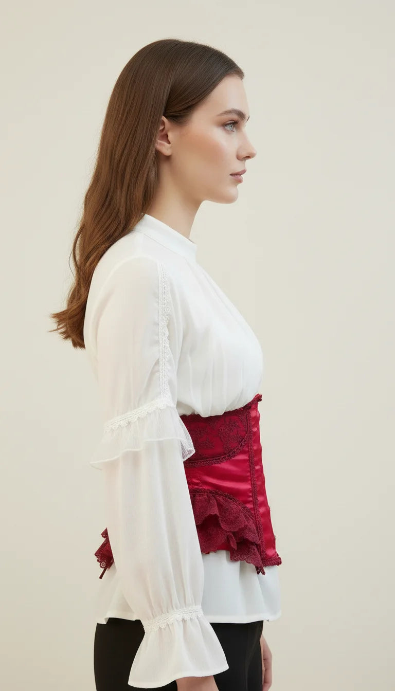 Corset Underbust Satin Rouge Dentelle - Vue profil