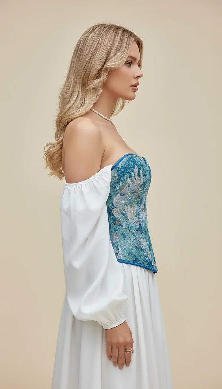 Corset Vintage Brocart Turquoise - Vue profil