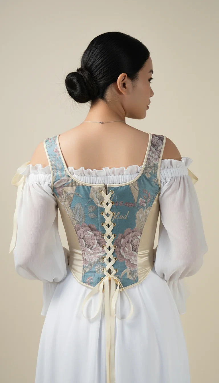 Corset Vintage Brodé Bleu Sarcelle - Vue dos