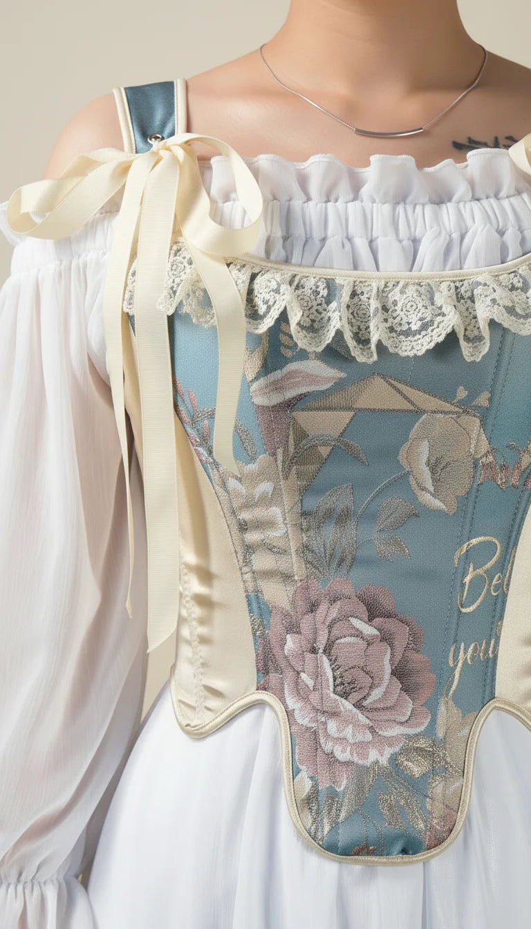 Corset Vintage Brodé Bleu Sarcelle - Vue face