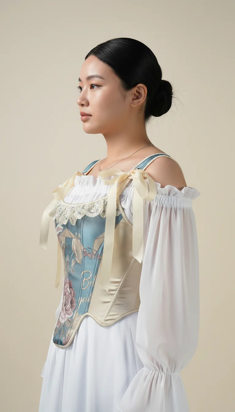 Corset Vintage Brodé Bleu Sarcelle - Vue profil