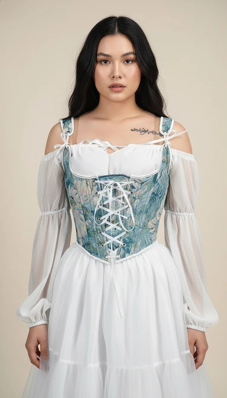 Corset Vintage Jacquard Bleu-Vert - Vue principale