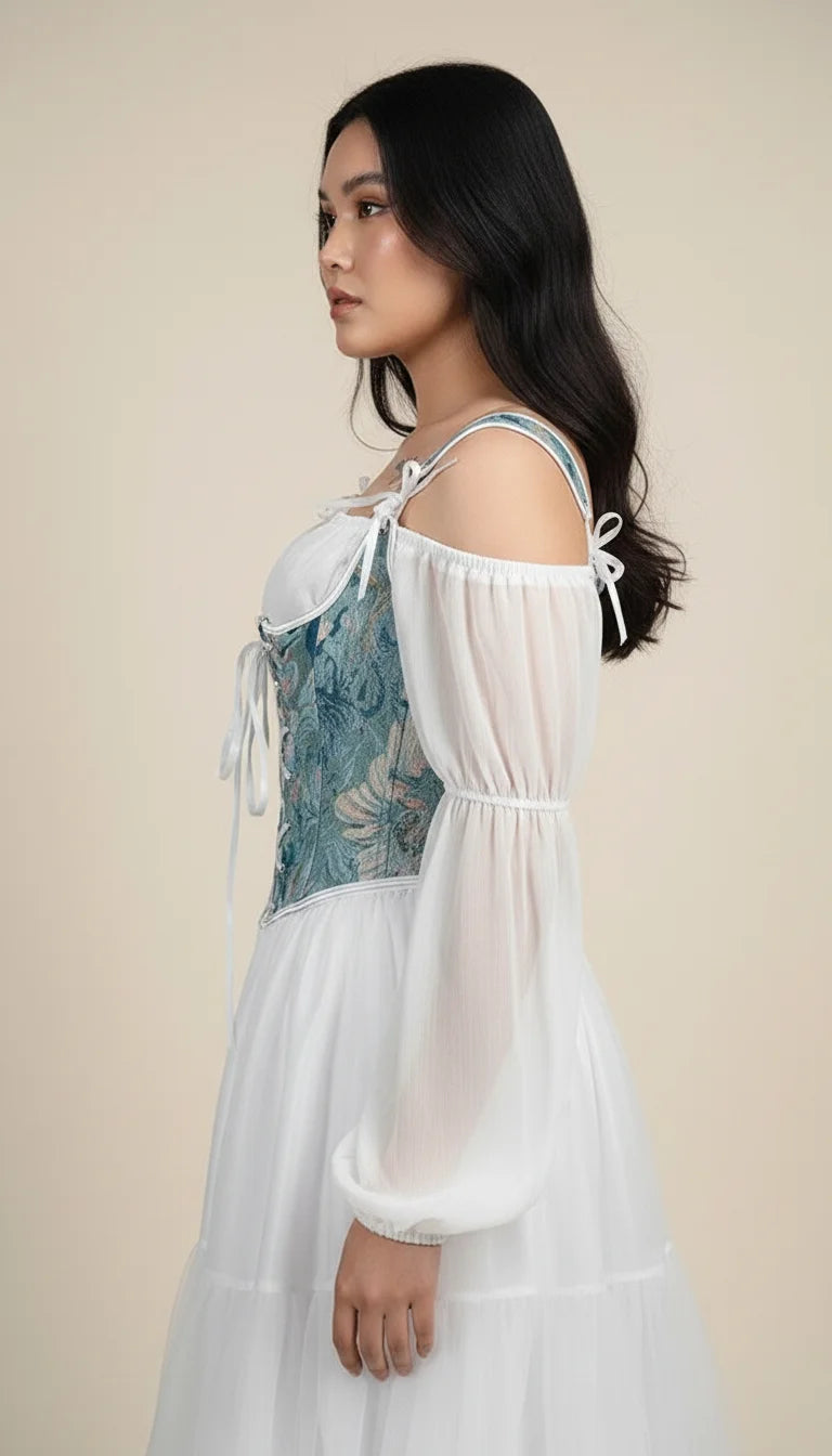 Corset Vintage Jacquard Bleu-Vert - Vue profil