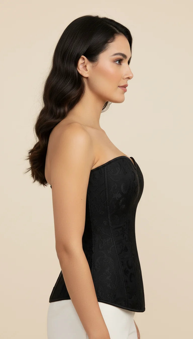 Corset Vintage Noir Jacquard - Vue profil