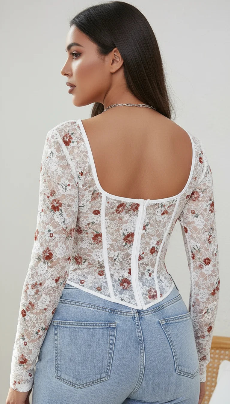 Crop Top Corset Dentelle Florale - Vue dos