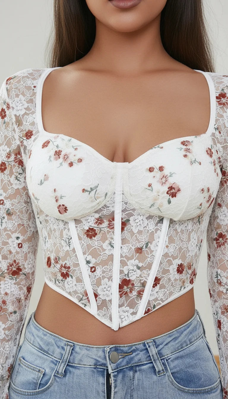 Crop Top Corset Dentelle Florale - Vue face