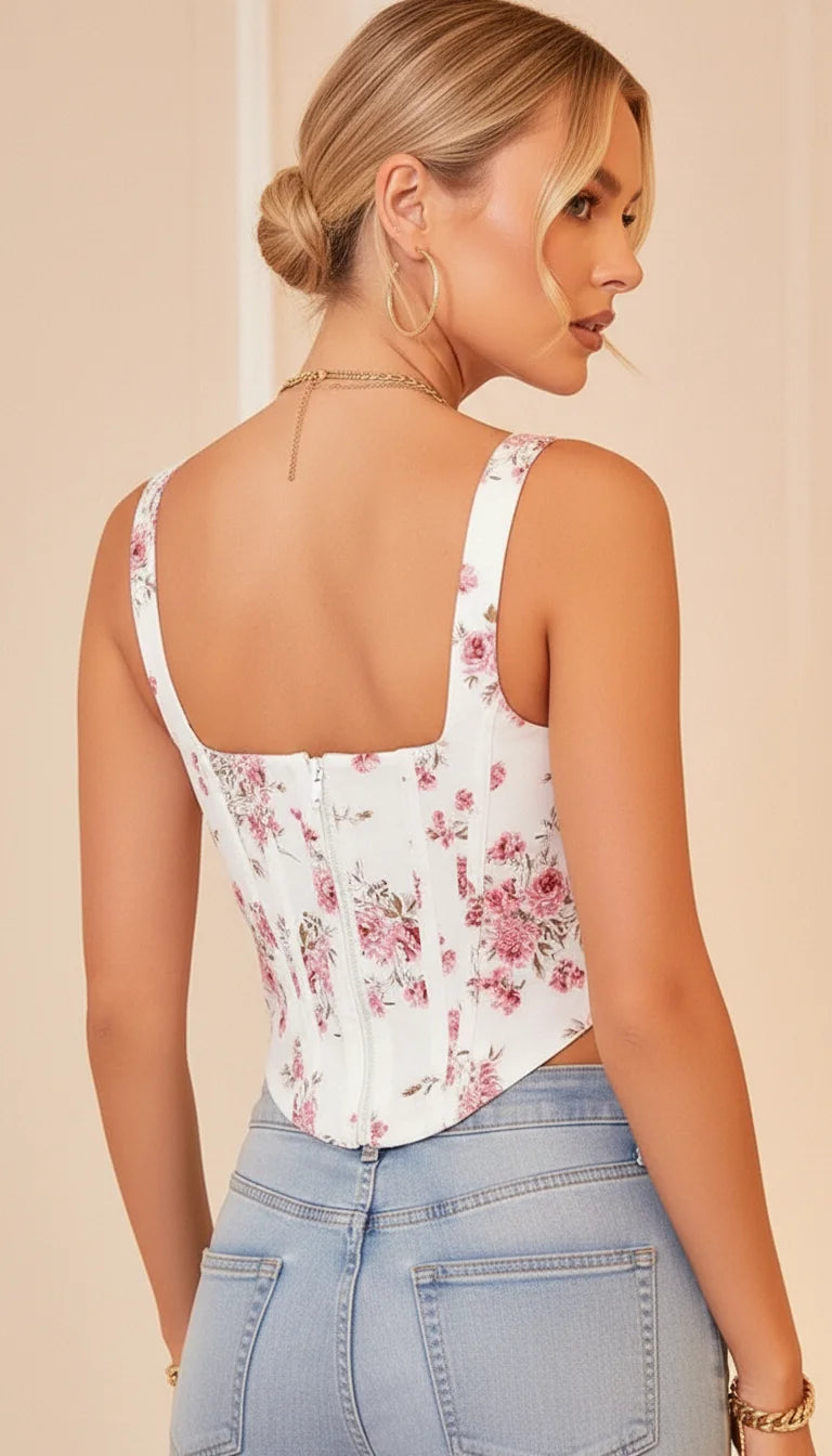 Crop Top Corset Floral Blanc - Vue dos