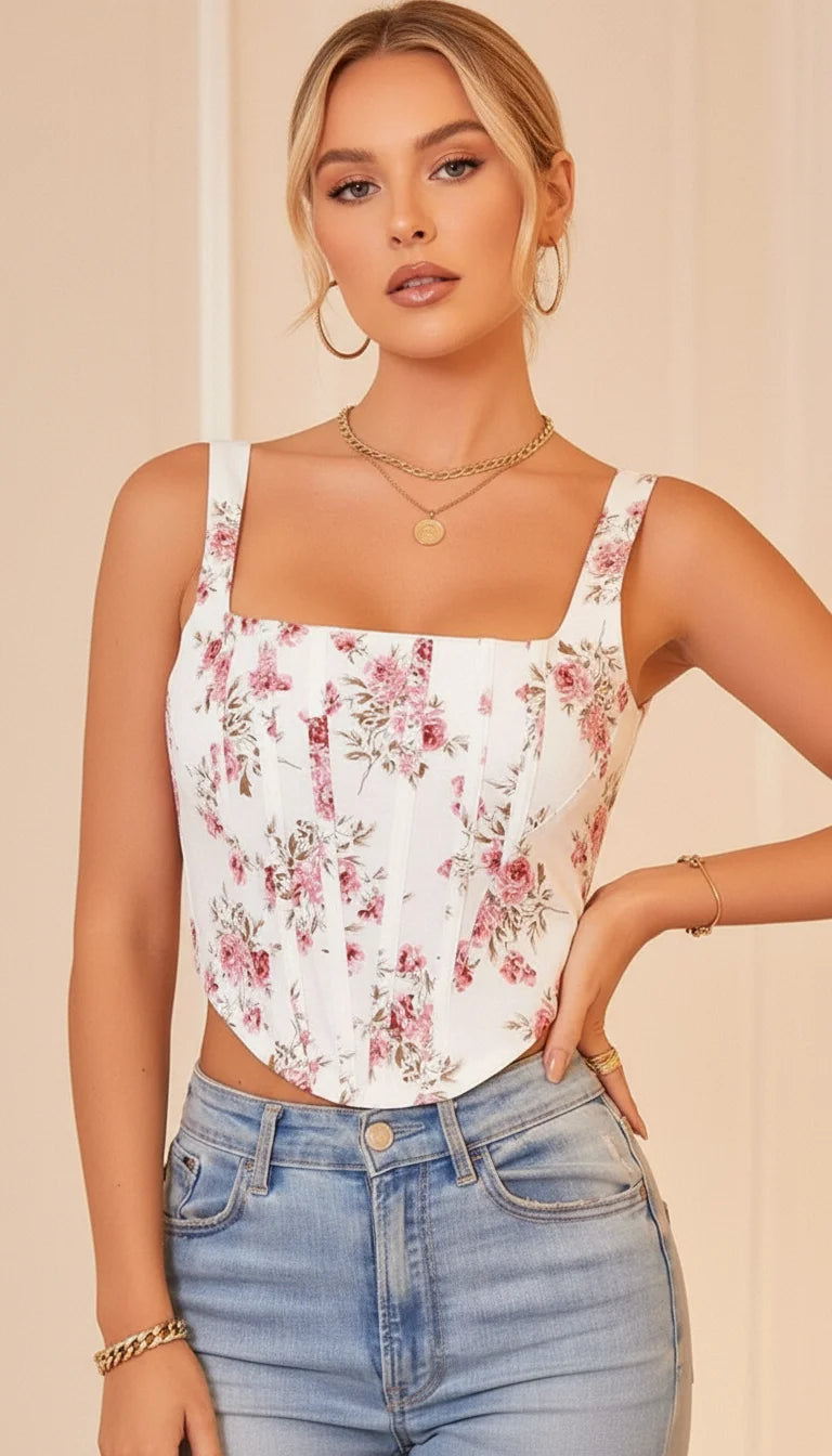 Crop Top Corset Floral Blanc - Vue face