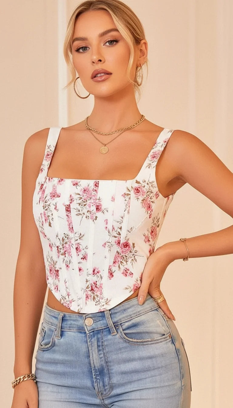 Crop Top Corset Floral Blanc - Vue principale