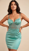 Mini Robe Corset Satin Dentelle Vert Menthe