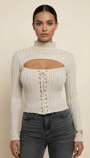 Pull Maille Laçage Découpe Crème - Vue principale