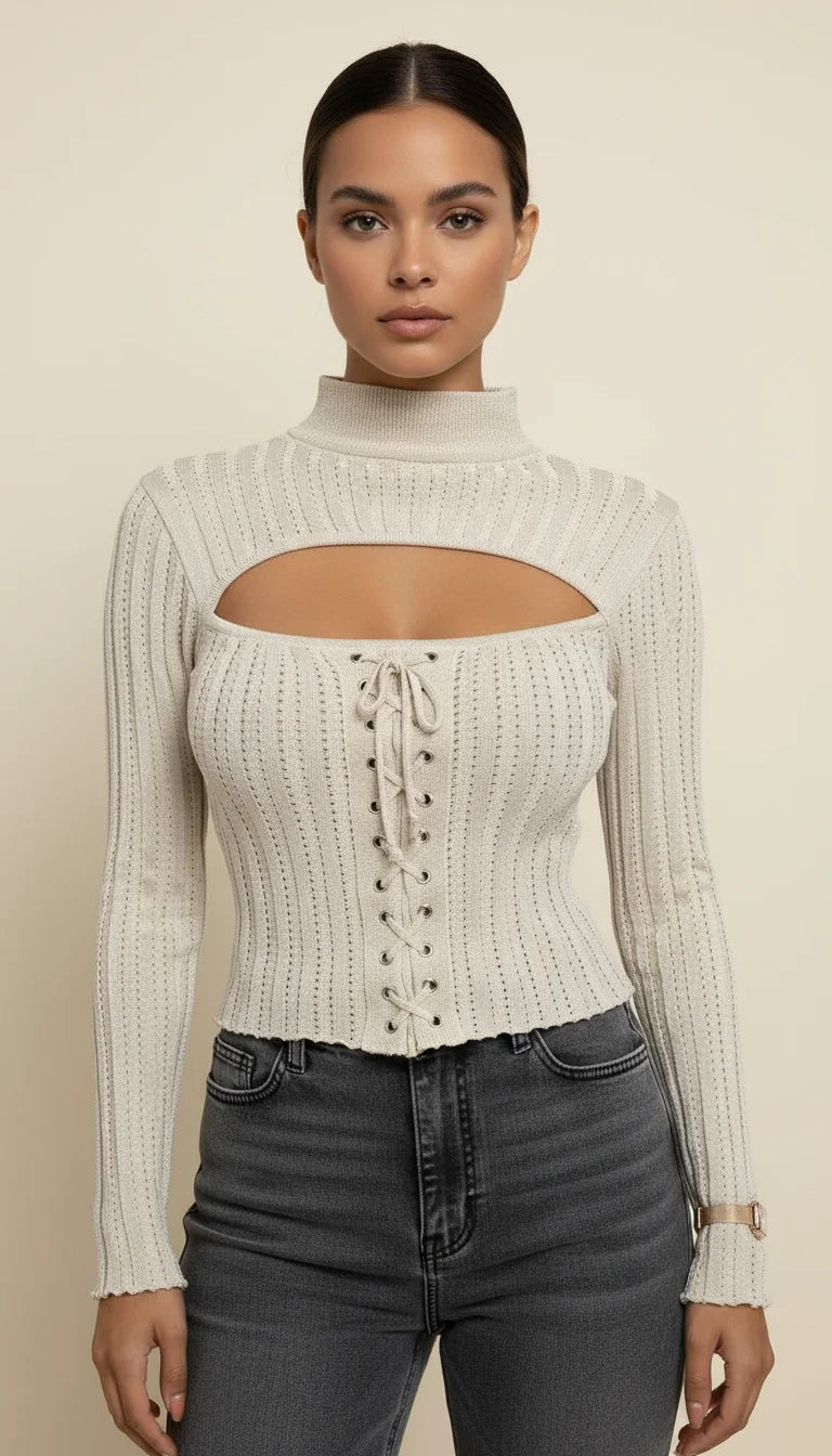 Pull Maille Laçage Découpe Crème - Vue principale