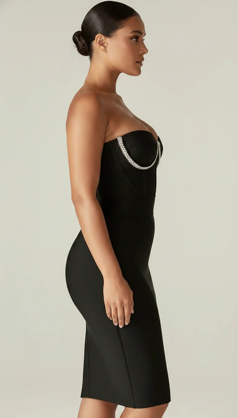 Robe Bandage Strass Noir - Vue profil