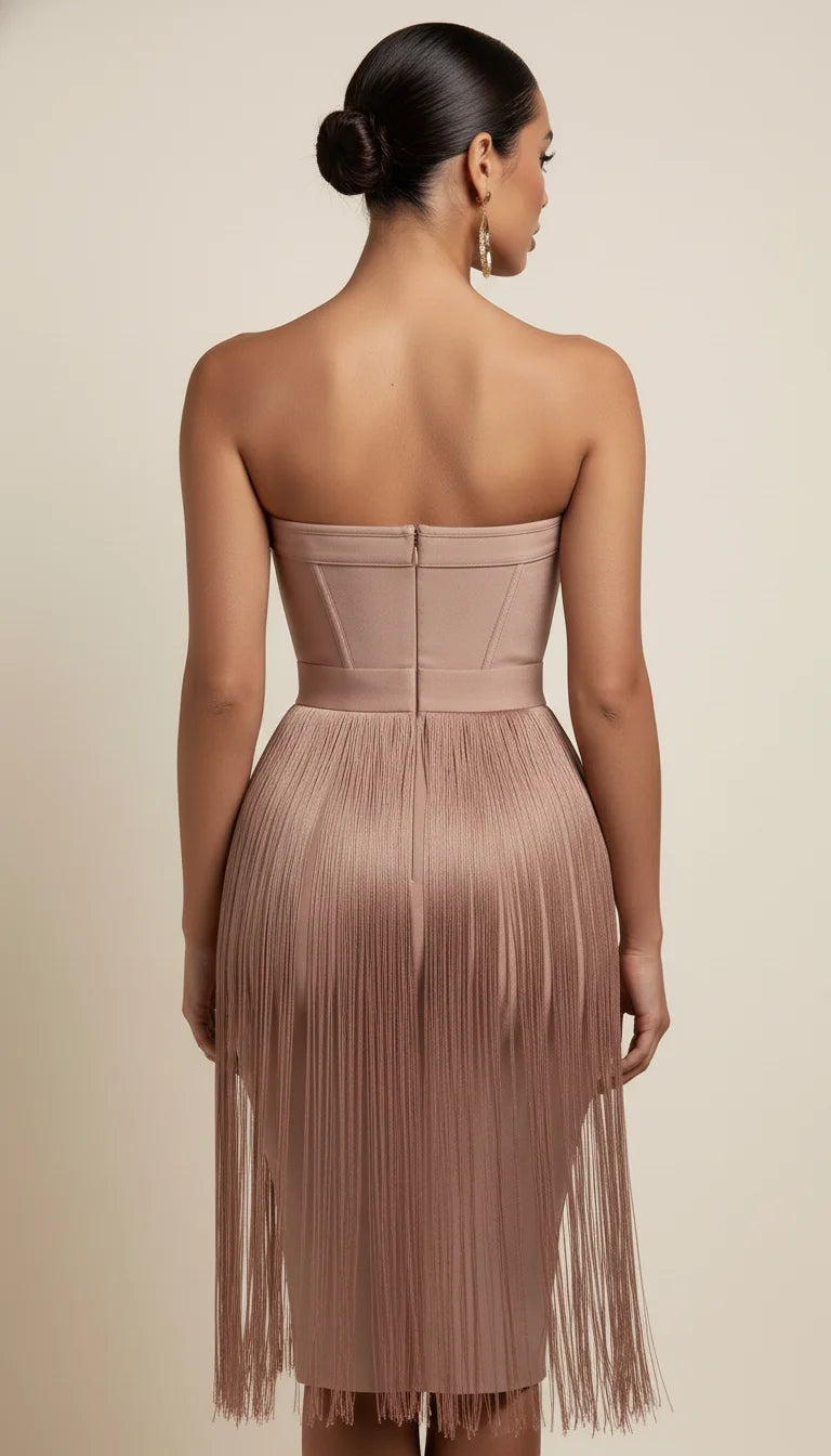 Robe Bustier Bandage Franges Beige Poudré - Vue dos