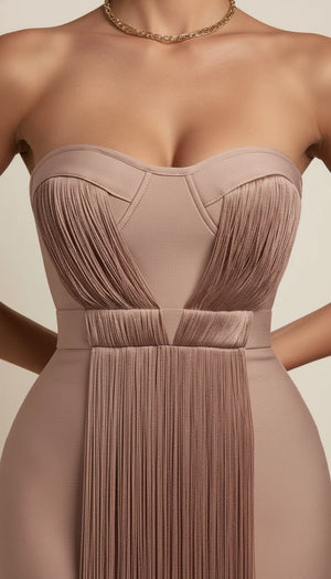 Robe Bustier Bandage Franges Beige Poudré - Vue face