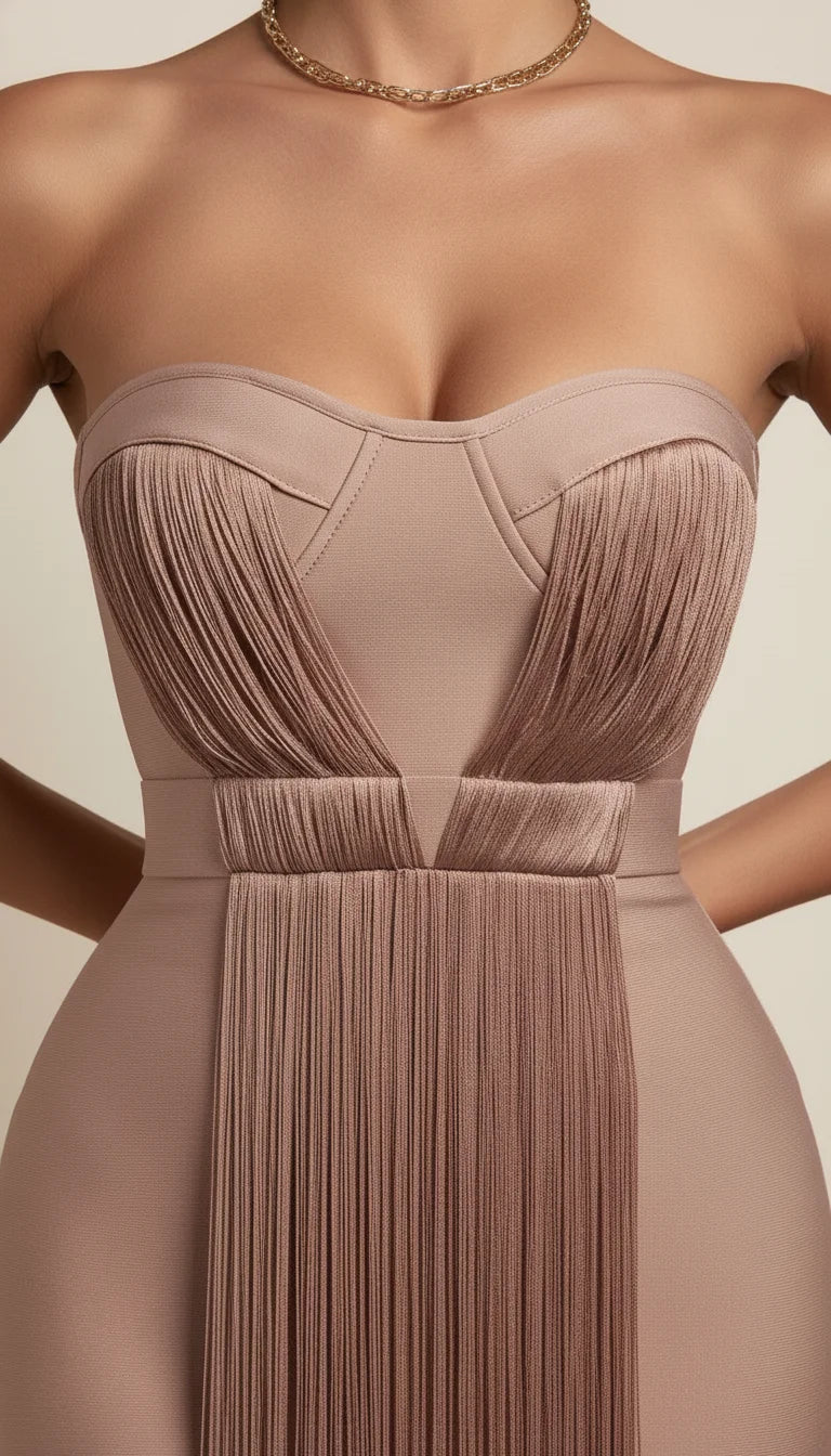 Robe Bustier Bandage Franges Beige Poudré - Vue face