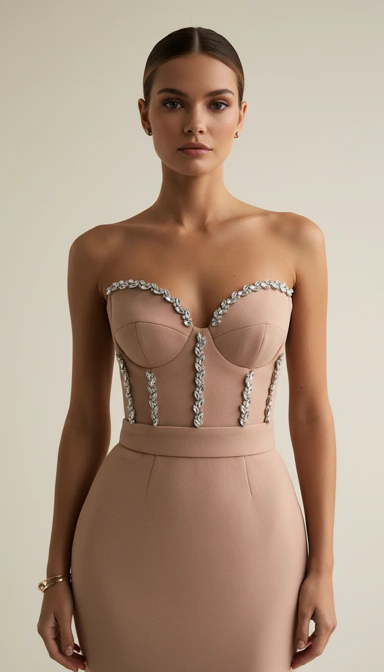 Robe Bustier Corset Strass Nude Rosé - Vue principale