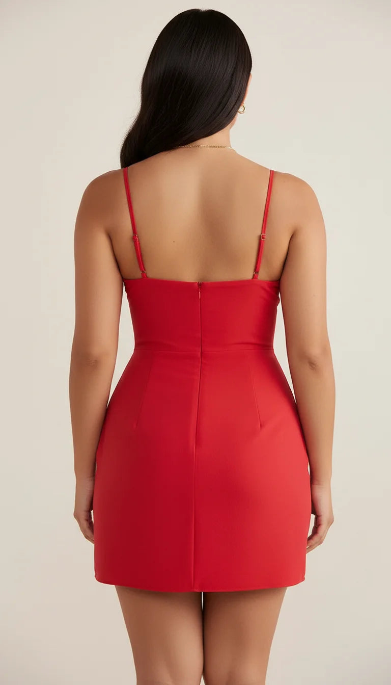 Robe Bustier Courte Satin Rouge Cerise - Vue dos