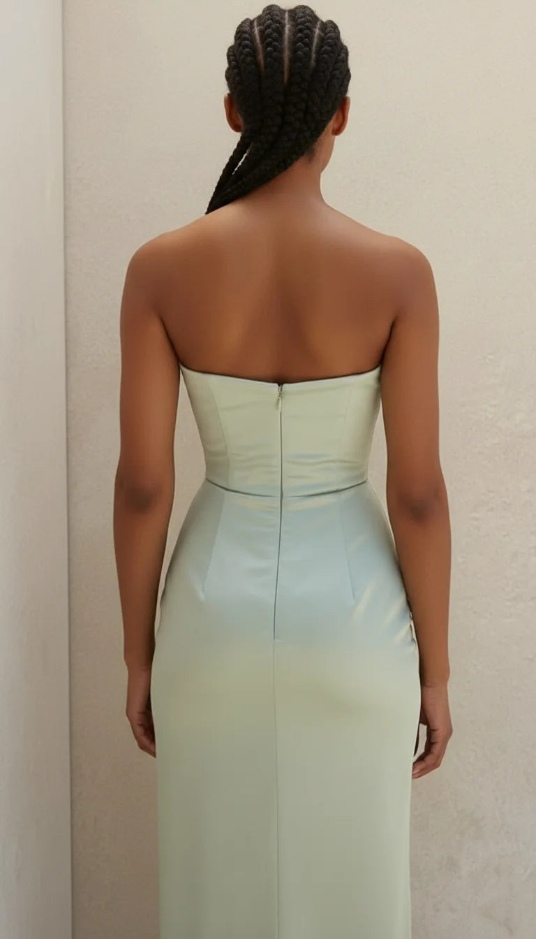 Robe Bustier Satin Drapé Vert Menthe - Vue dos