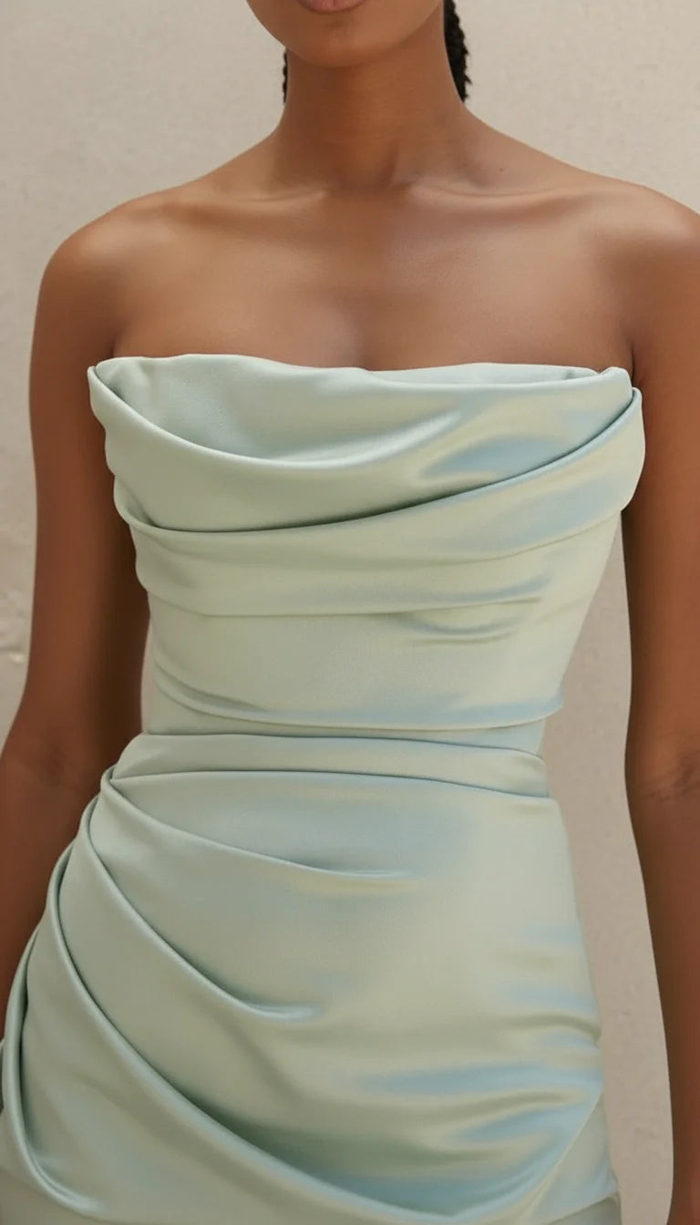 Robe Bustier Satin Drapé Vert Menthe - Vue face