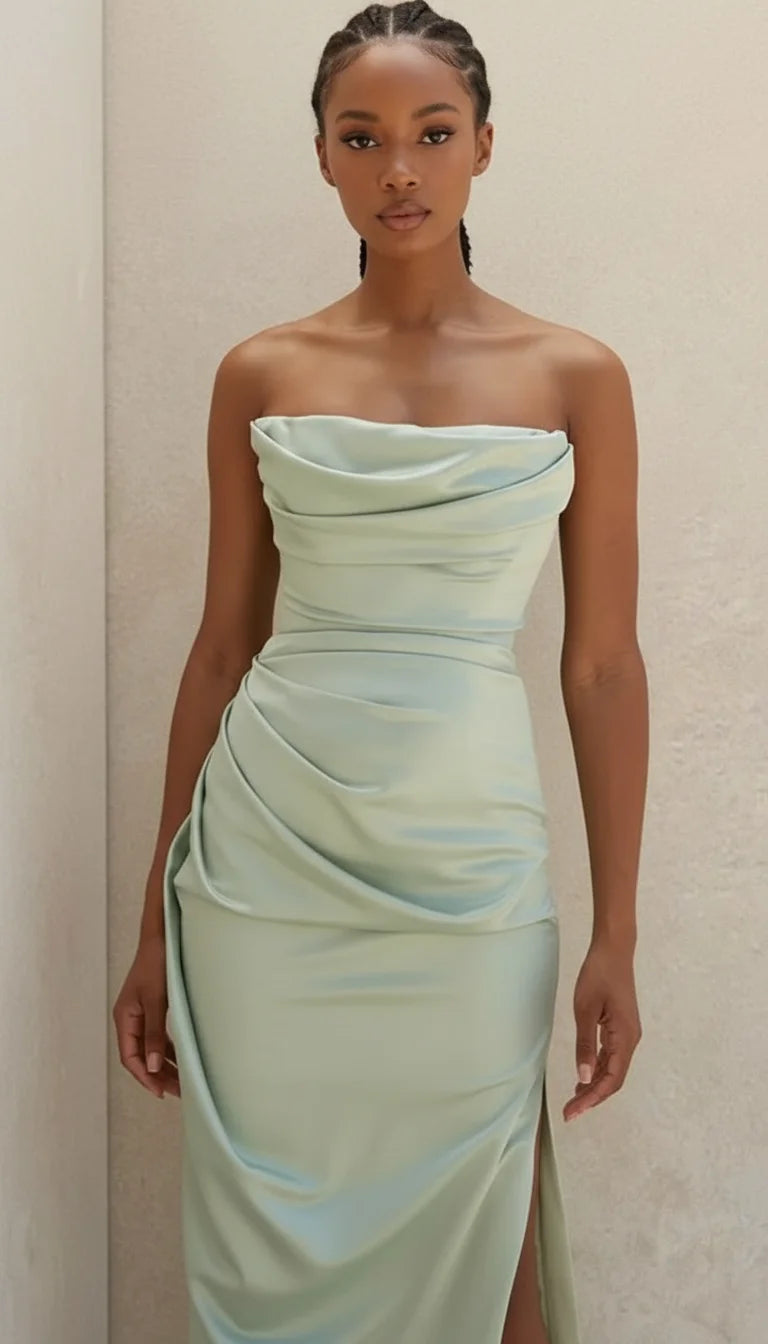 Robe Bustier Satin Drapé Vert Menthe - Vue principale