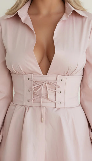 Robe Chemise Corsetée Popeline Rose Poudré - Vue face