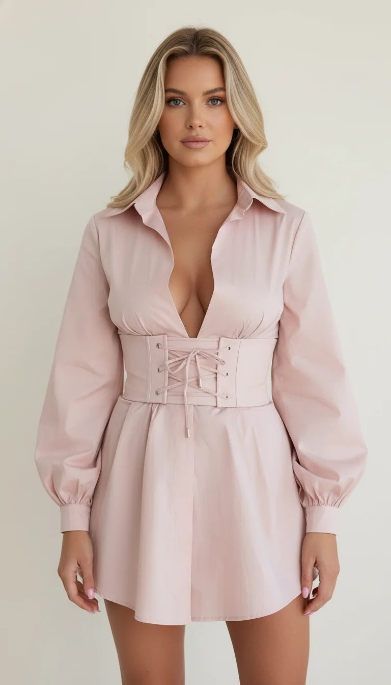 Robe Chemise Corsetée Popeline Rose Poudré