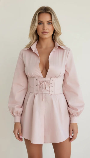 Robe Chemise Corsetée Popeline Rose Poudré - Vue principale