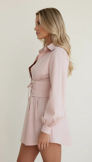 Robe Chemise Corsetée Popeline Rose Poudré - Vue profil