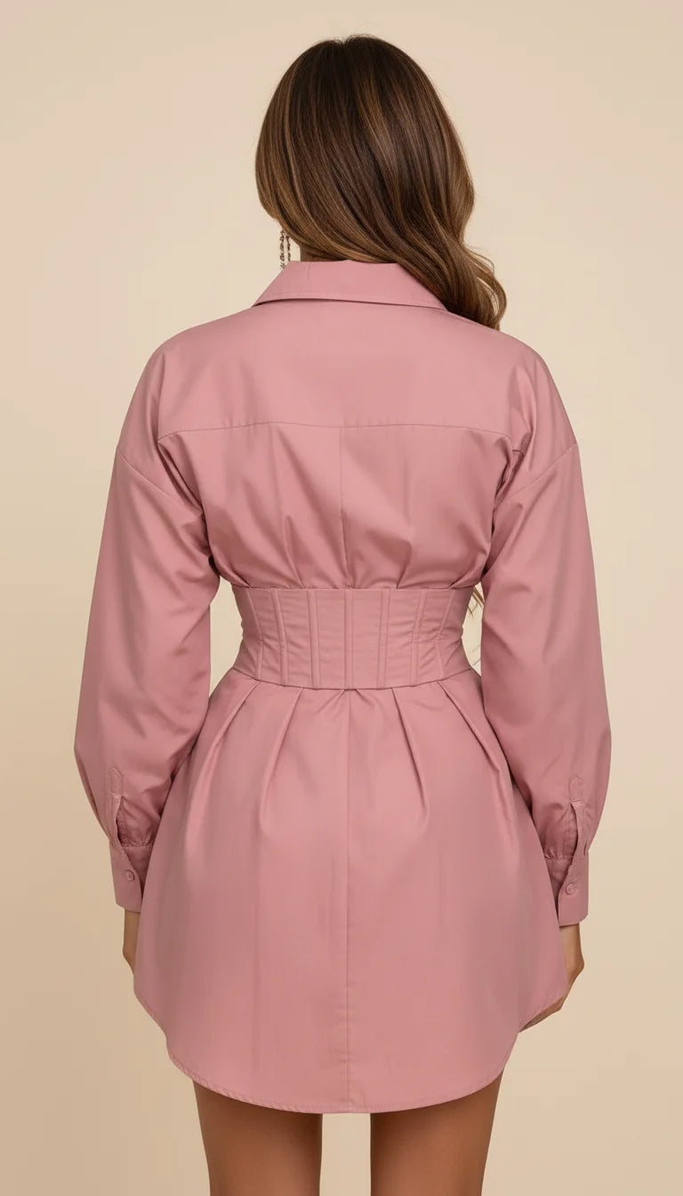 Robe Chemise Popeline Ceinturée Corset - Vue dos