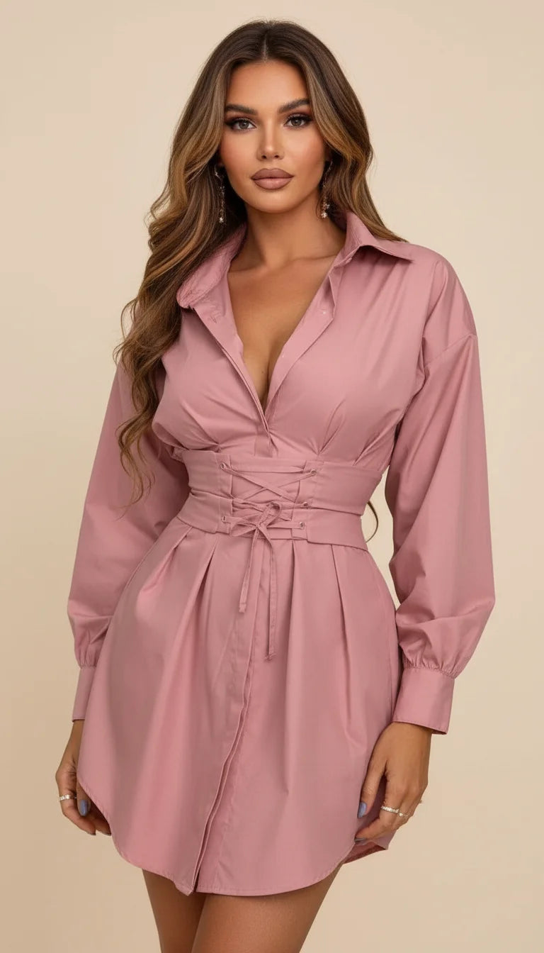 Robe Chemise Popeline Ceinturée Corset
