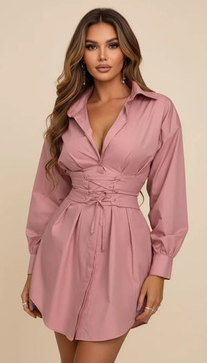 Robe Chemise Popeline Ceinturée Corset - Vue principale