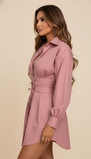 Robe Chemise Popeline Ceinturée Corset - Vue profil