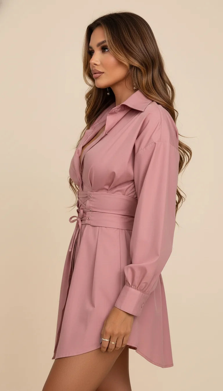 Robe Chemise Popeline Ceinturée Corset - Vue profil