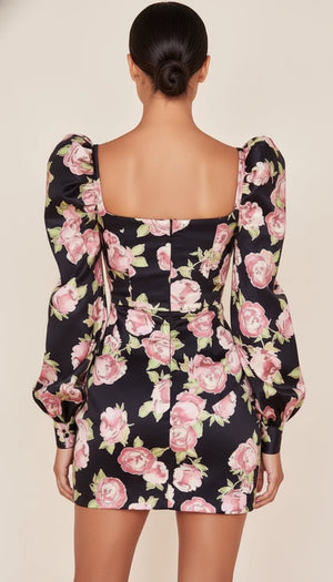 Robe Cintrée Satin Noir Fleuri - Vue dos