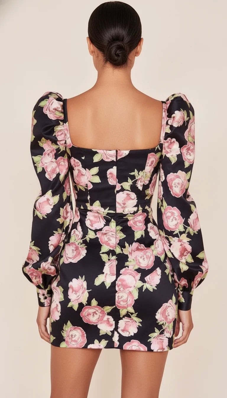 Robe Cintrée Satin Noir Fleuri - Vue dos