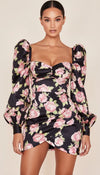 Robe Cintrée Satin Noir Fleuri