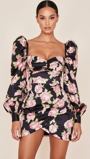 Robe Cintrée Satin Noir Fleuri - Vue principale