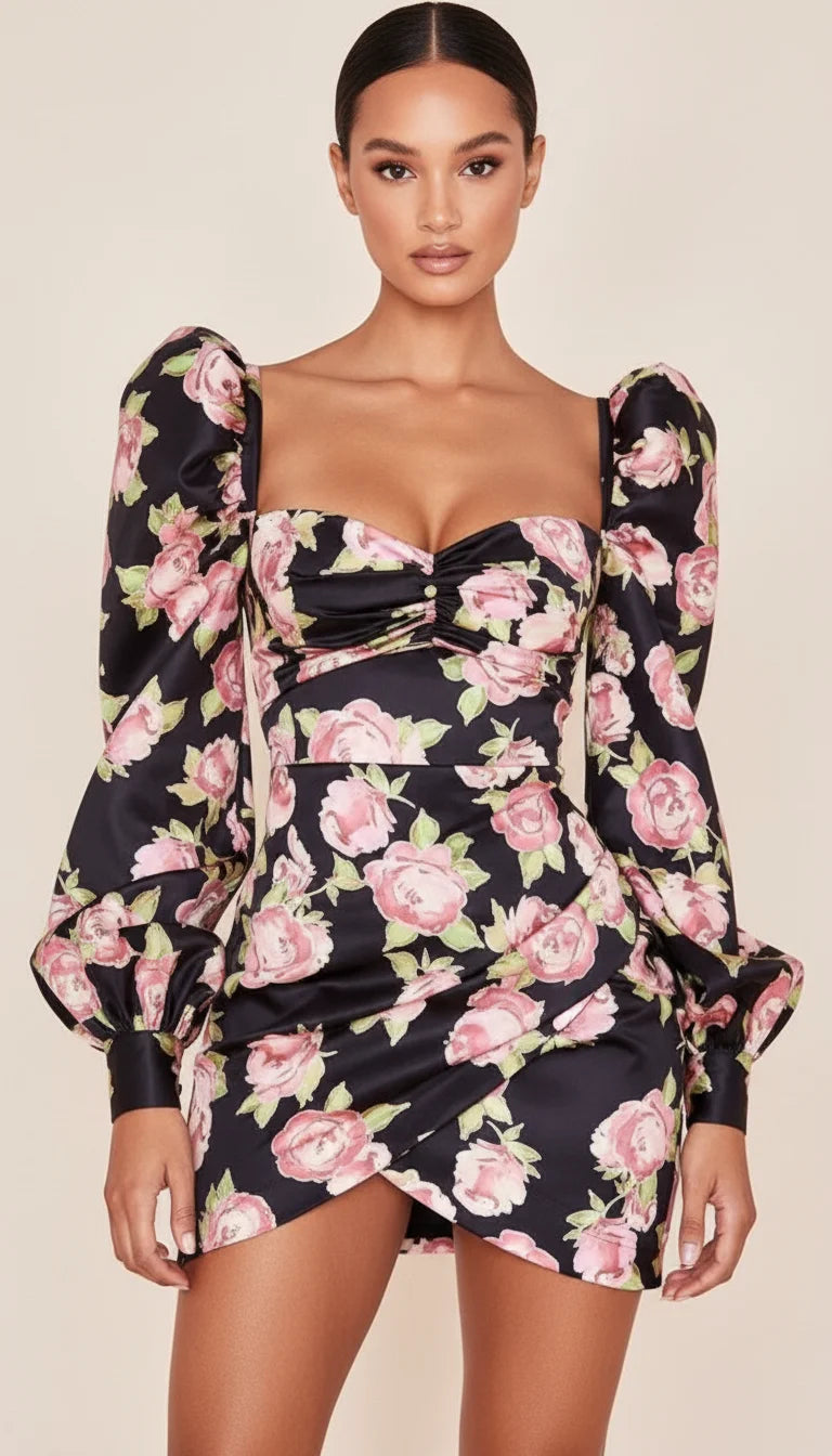 Robe Cintrée Satin Noir Fleuri - Vue principale