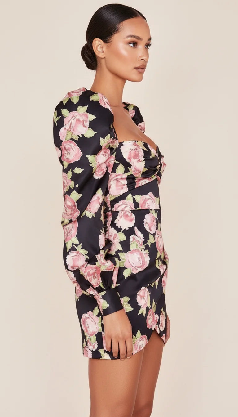 Robe Cintrée Satin Noir Fleuri - Vue profil