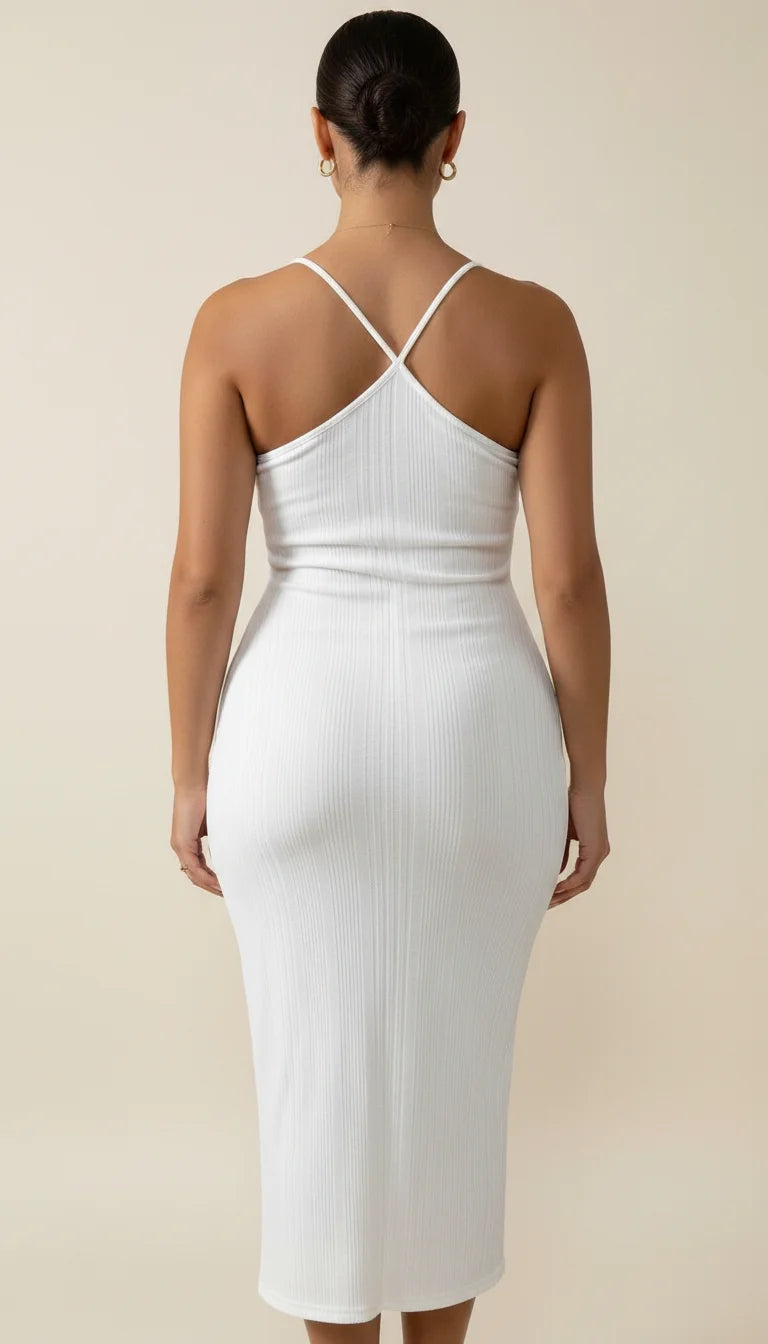 Robe Corset Asymétrique Côtelée Blanc Cassé - Vue dos