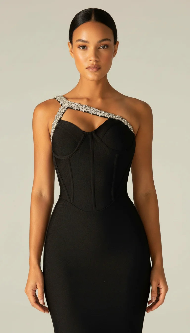 Robe Corset Bandage Asymétrique Noire Scintillante