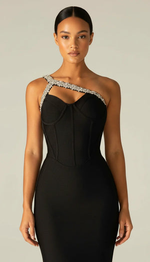 Robe Corset Bandage Asymétrique Noire Scintillante - Vue principale