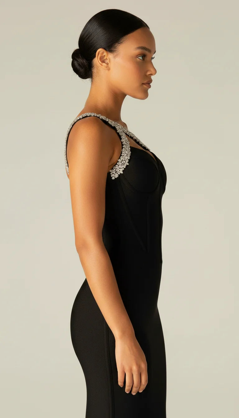 Robe Corset Bandage Asymétrique Noire Scintillante - Vue profil