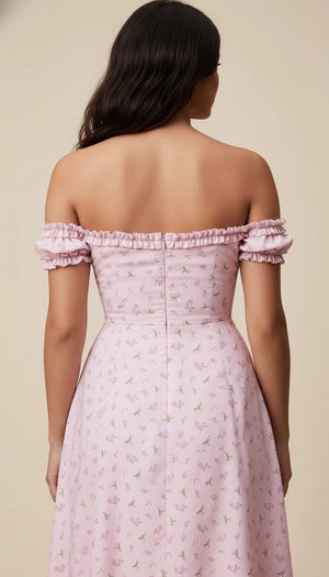 Robe Corset Bardot Fleurie Rose Poudré - Vue dos